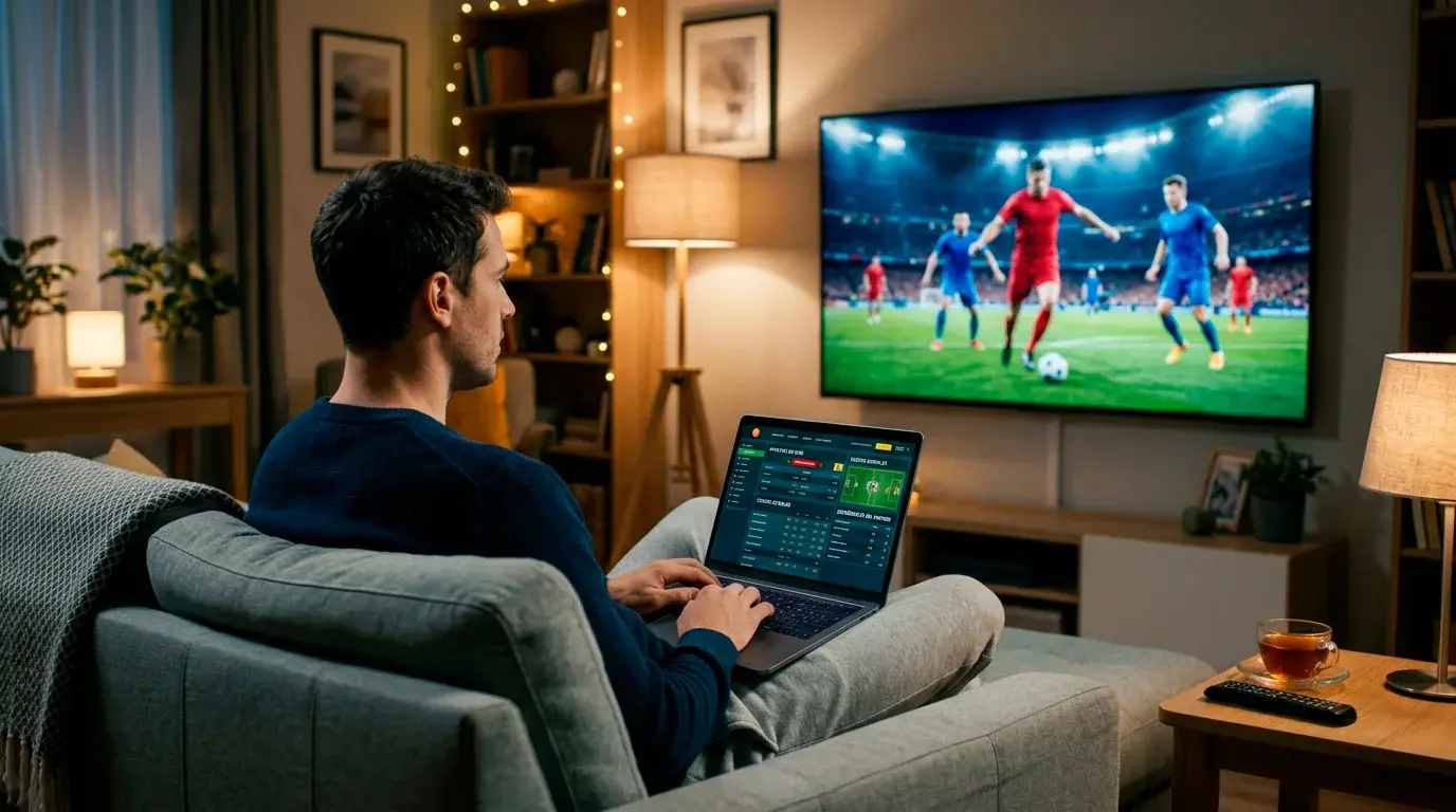 Persona viendo un partido de fútbol en televisión mientras consulta cuotas en vivo en el portátil