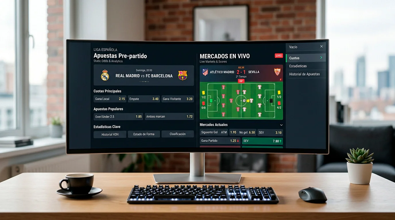 Pantalla dividida mostrando cuotas prepartido en un lado y cuotas en vivo en el otro