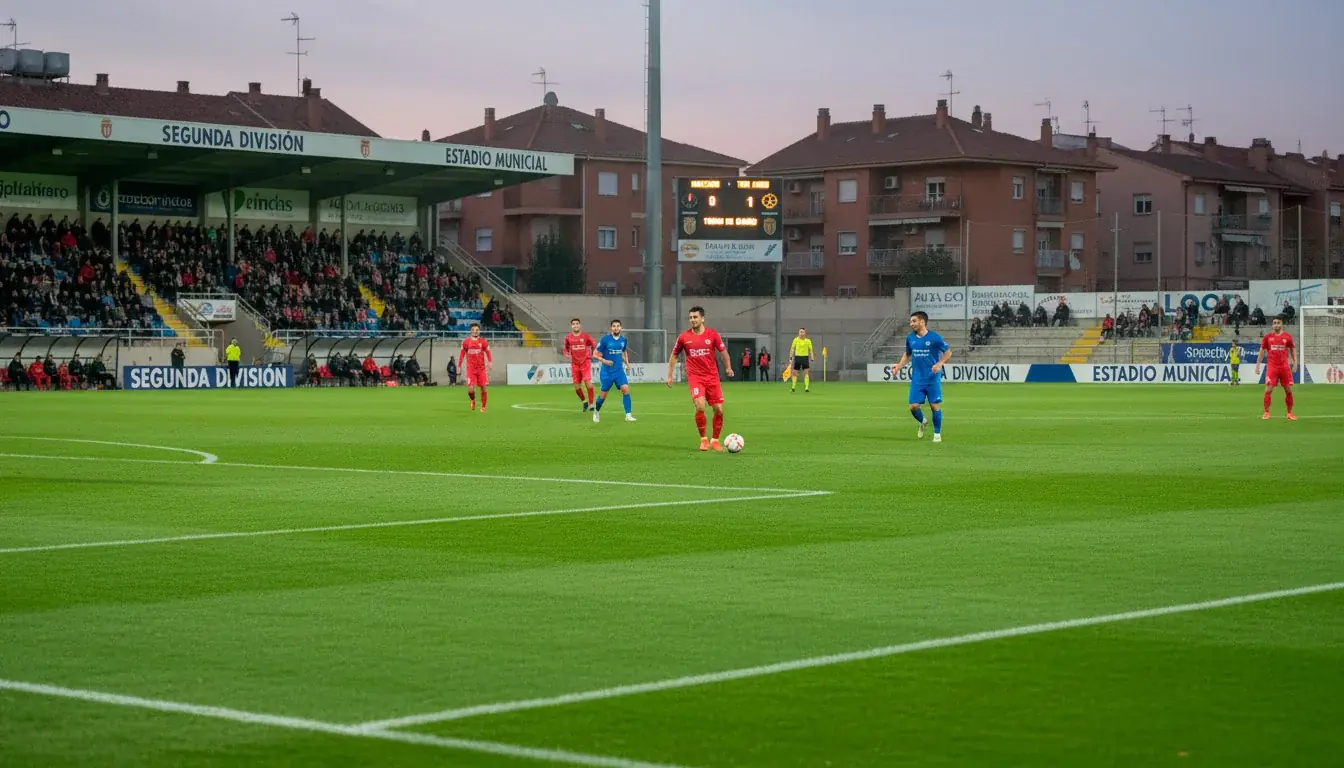 Campo de fútbol de Segunda División con gradas parcialmente ocupadas durante un partido nocturno
