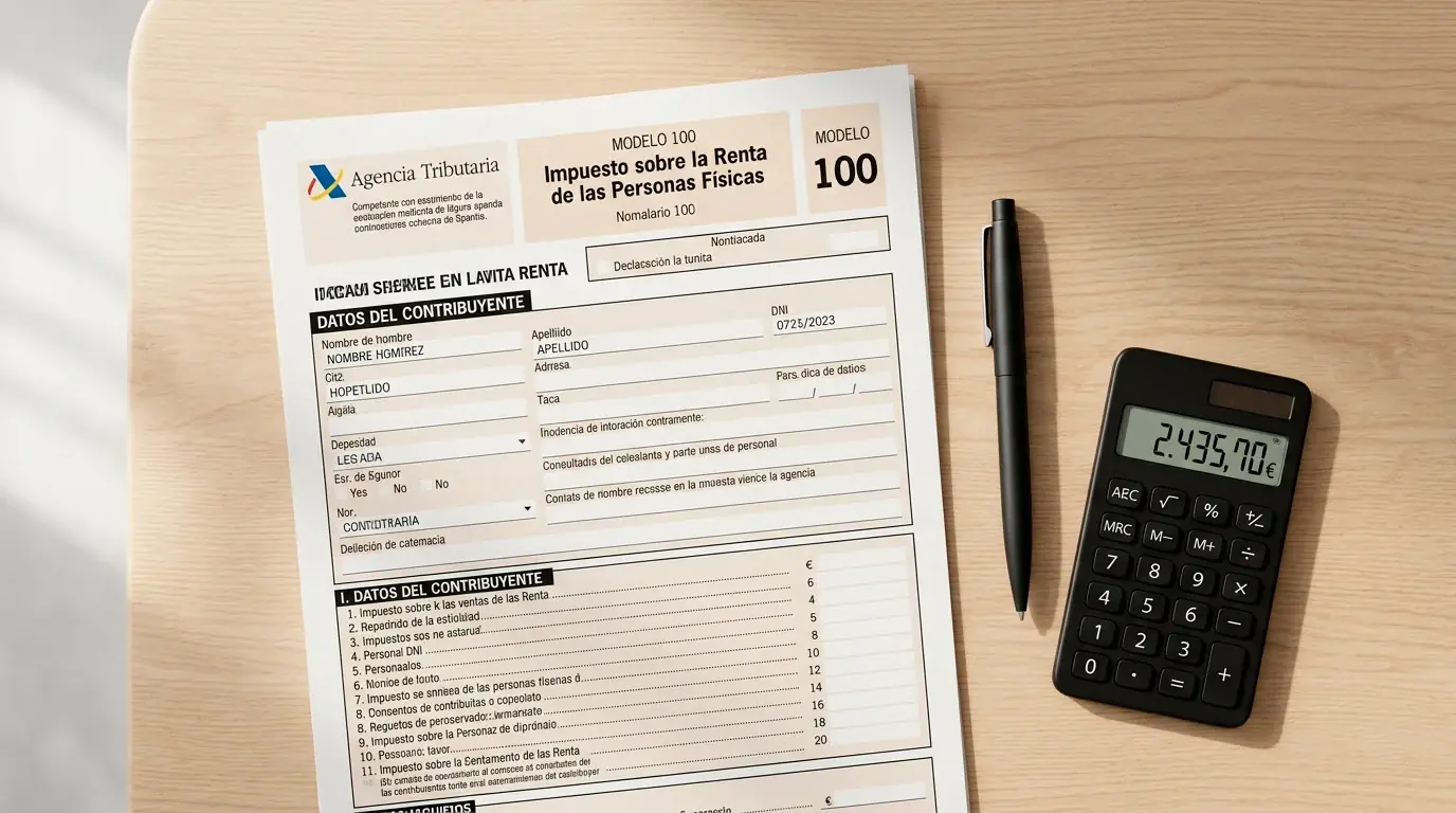 Formulario de declaración de la renta sobre una mesa junto a un bolígrafo y una calculadora