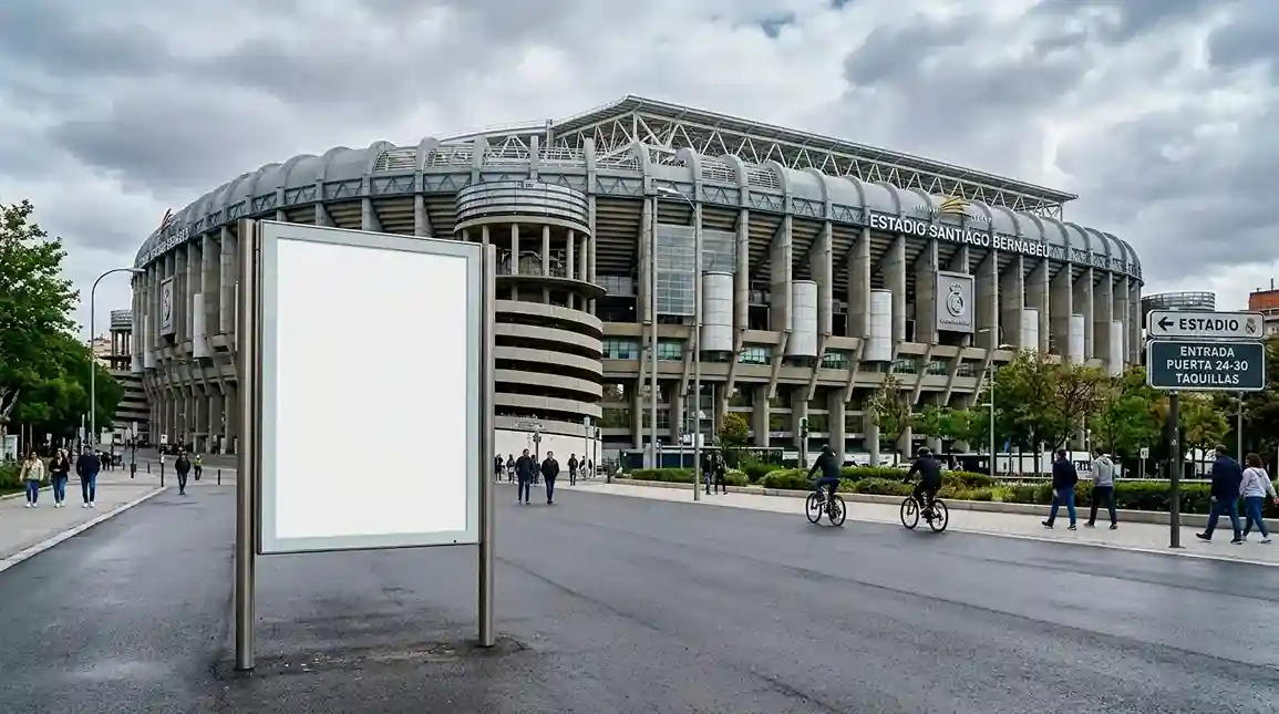 Valla publicitaria vacía junto a un estadio de fútbol español representando las restricciones publicitarias