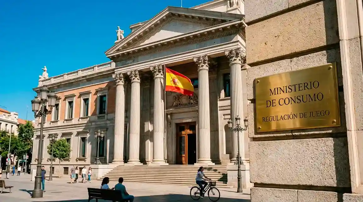 Fachada de un edificio institucional español con una bandera de España ondeando